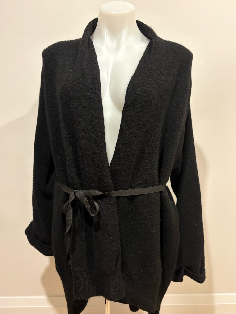 Moth Black Open-Front Belted Cardigan Sweater